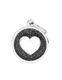 [08000564] Black Big Glitter Circle White Heart